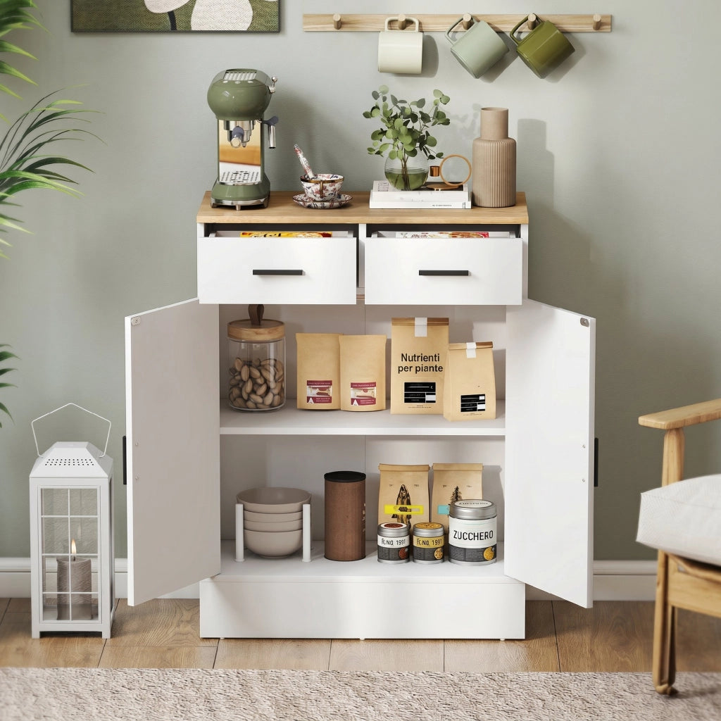 Credenza Bianca con 2 Cassetti e 2 Ante, Ripiano Regolabile ¨C Minimal ¨C Bianco e Legno