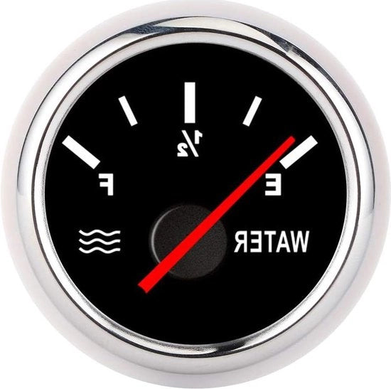 Indicatore di Livello Acquatico 2 pollici Indicatore a Puntatore Liquido Peilmeter di Elevata Precisione Universale per Barche e Camper - Disco di Indicazione Nera Cornice d'Argento - Misuratore di Livello Acquatico.