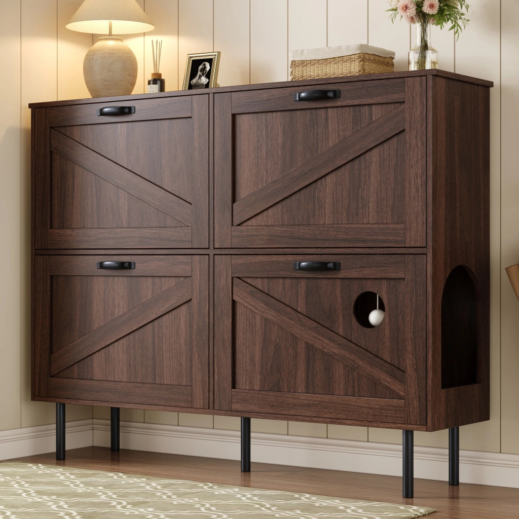 OKWISH Scarpiera con 4 Ante e 3 Ribalte, Gioco Integrato per Gatto, per Ingresso, Noce Naturale 120 x 28 x 92 cm