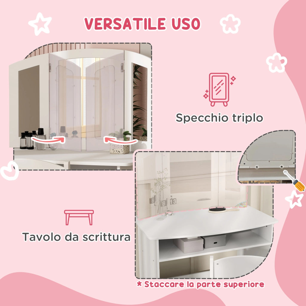 Tavolo Toeletta con Specchio e Sedia per Bambini ¨C Minimal ¨C Bianco Legno