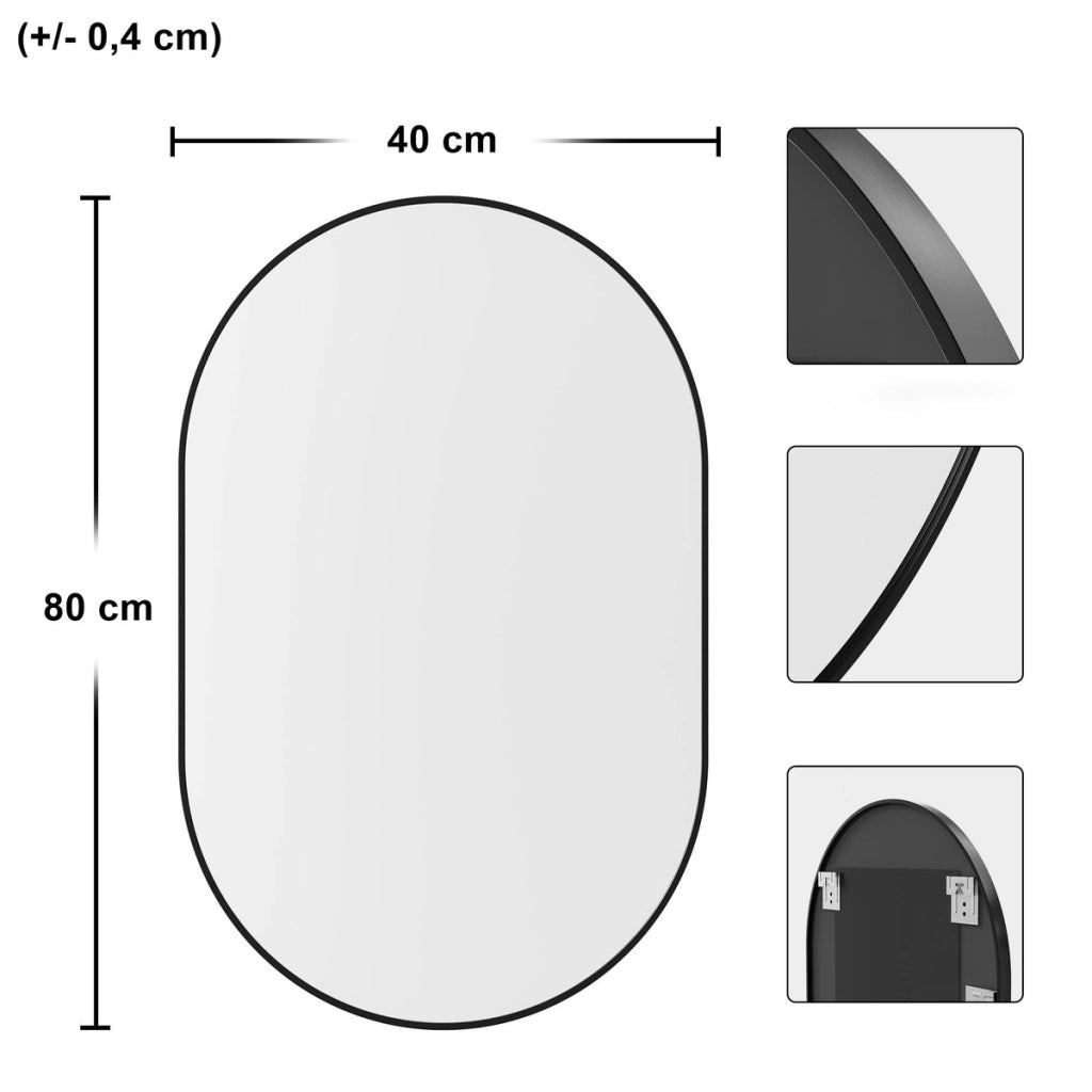 Specchio ovale da parete nero 80x40 cm in alluminio