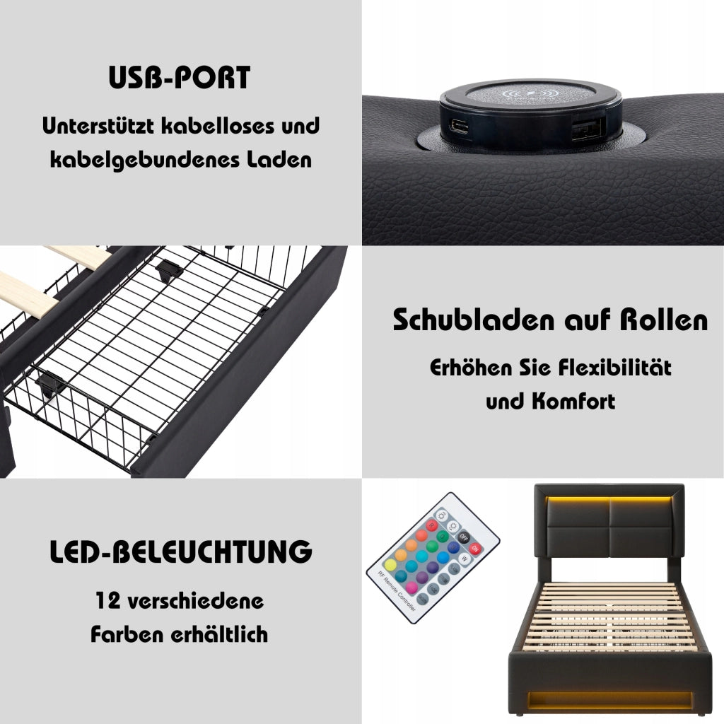 Letto imbottito con USB, LED, 4 cassetti - Xylo - 90x200 - Nero