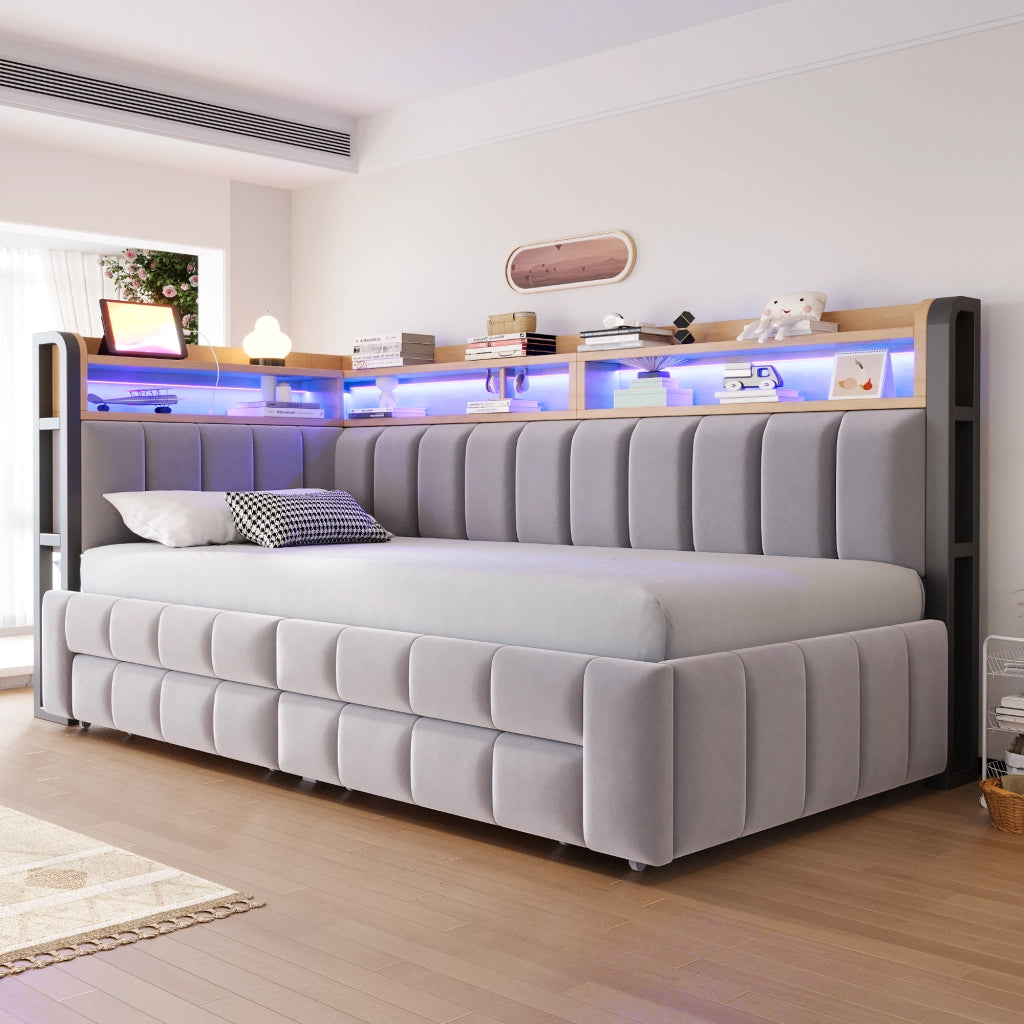 Letto Divano singolo con 2 cassetti; ripiani; LED regolabile; USB e Type-C; 90 × 200 cm; senza materasso