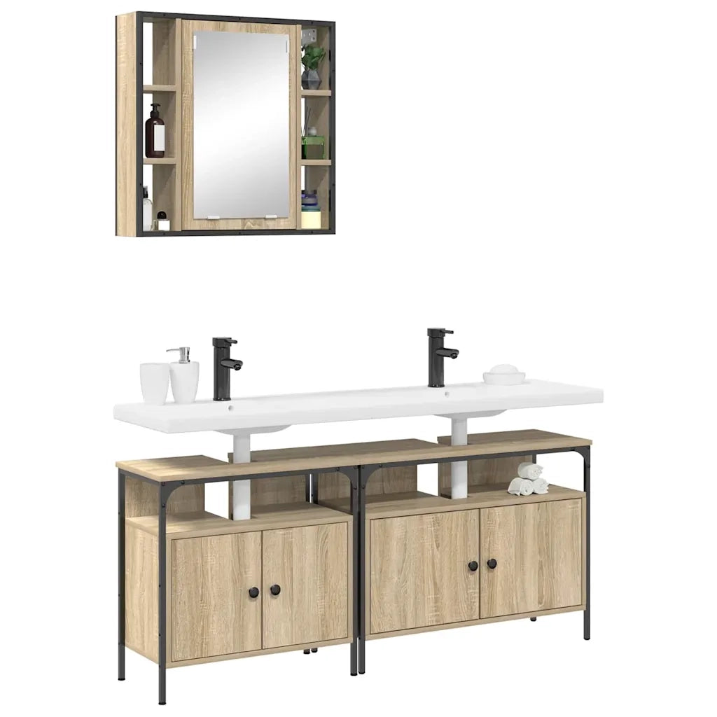 Set di mobili per il Bagno | Armadio da bagno 3 pz Marrone Legno multistrato