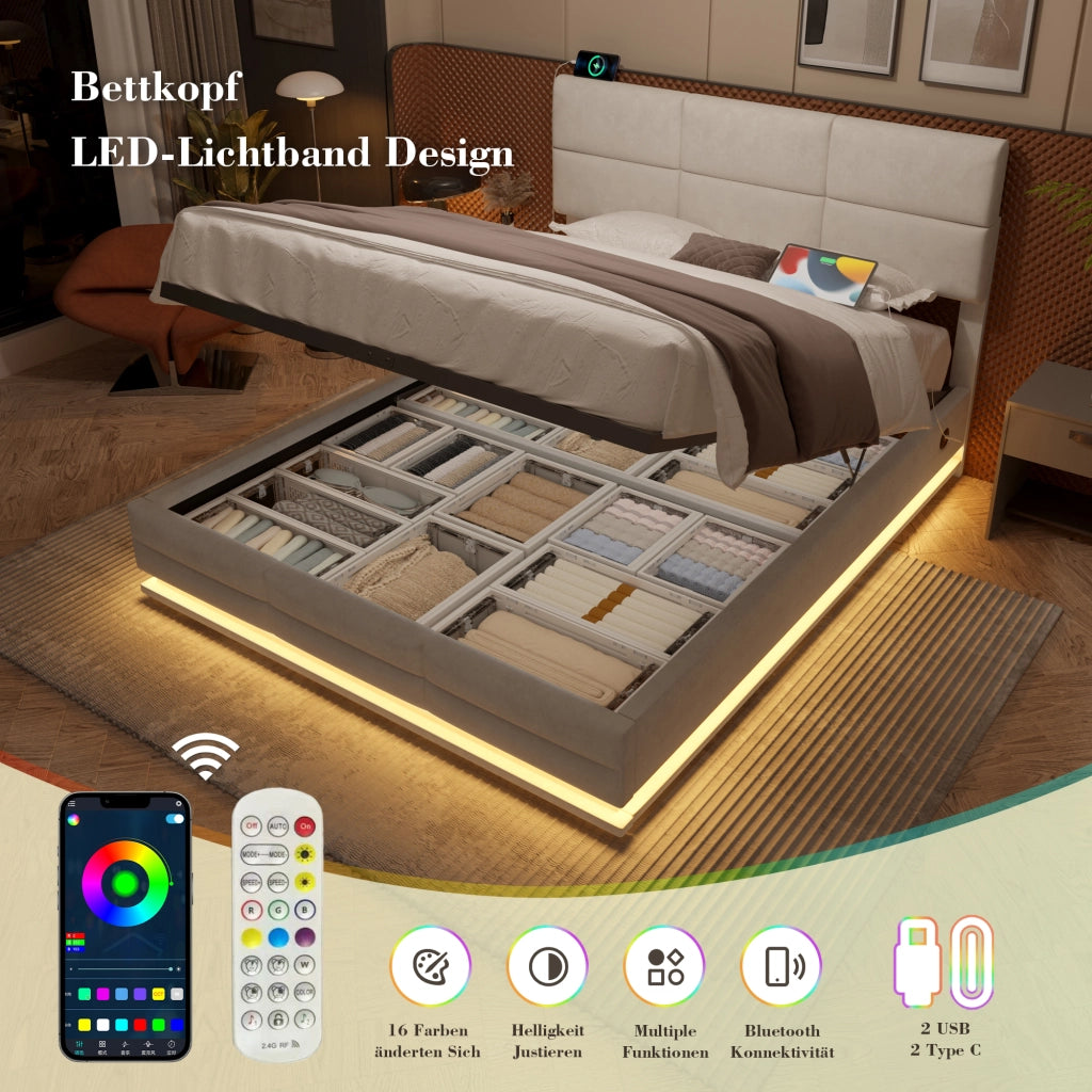 LETTO moderno 160x200 cm in velluto beige con LED, USB e contenitore