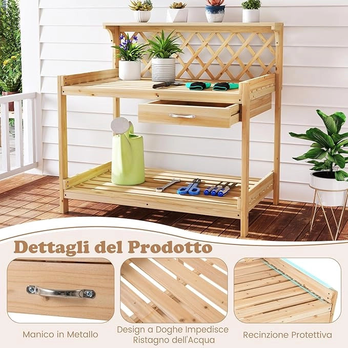 Tavolo per Piante in Legno, Tavolo da Giardino con Traliccio, Cassetto Rimovibile e Ripiano, Tavolino per Vasi di Fiori da Interno ed Esterno per Cortile, Balcone, Prato e Terrazzo
