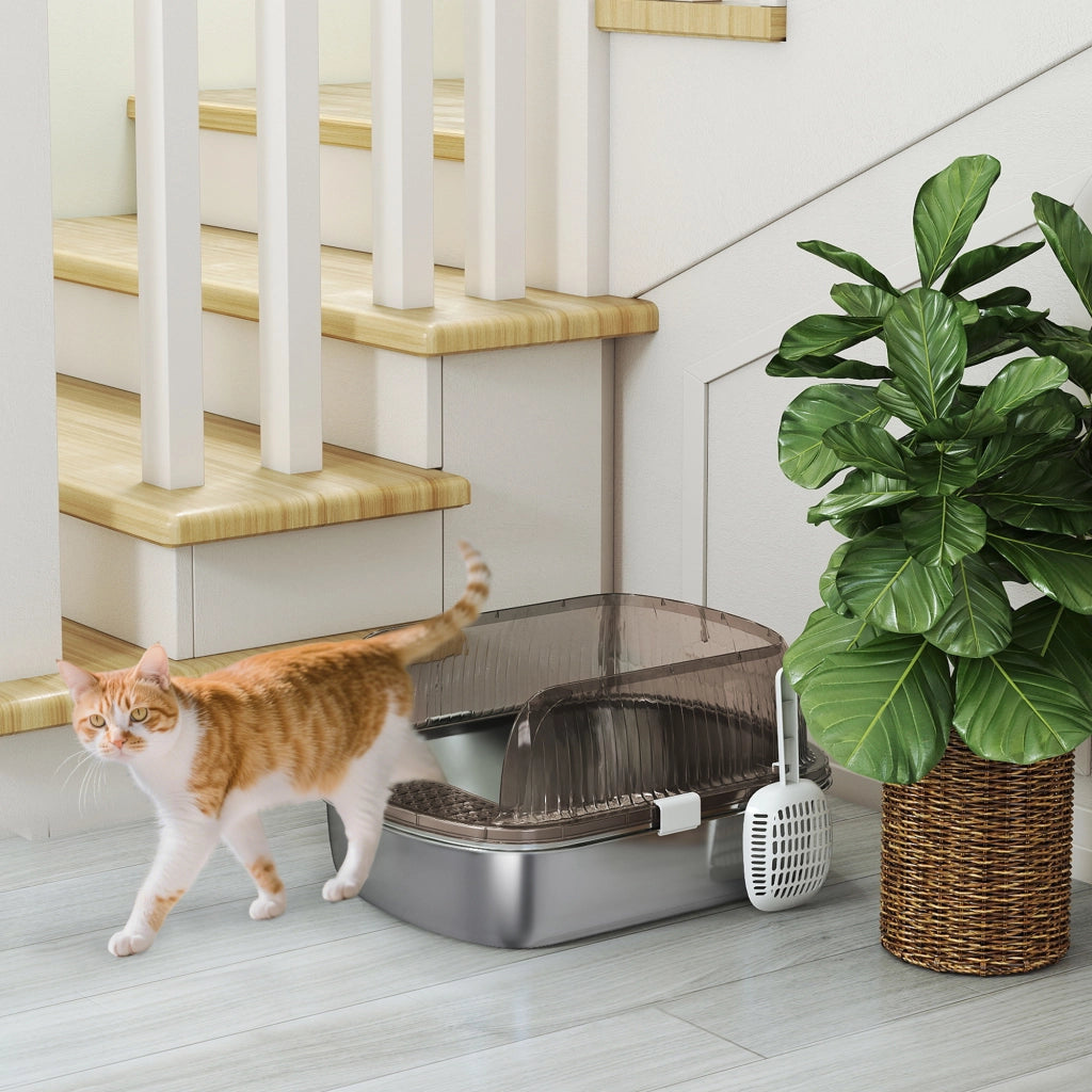 Arenero per Gatti Coperto con Vassoio Acciaio Inossidabile ¨C zephmum ¨C Grigio