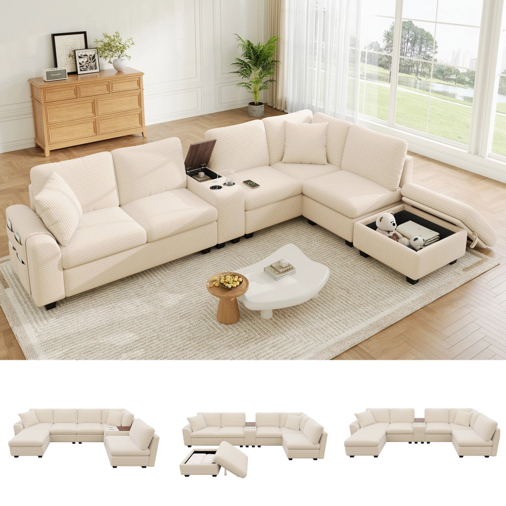Divano angolare modulare 6 posti con pouf contenitore console mobile e porte usb type c in tessuto beige