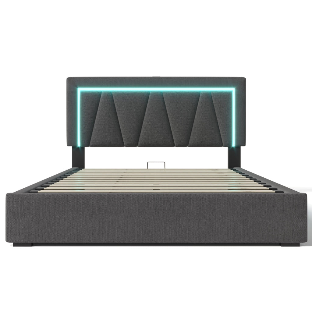 Letto Contenitore Imbottito LED ¨C MINIMAL ¨C 140x200, Tessuto, USB, Rete a Doghe
