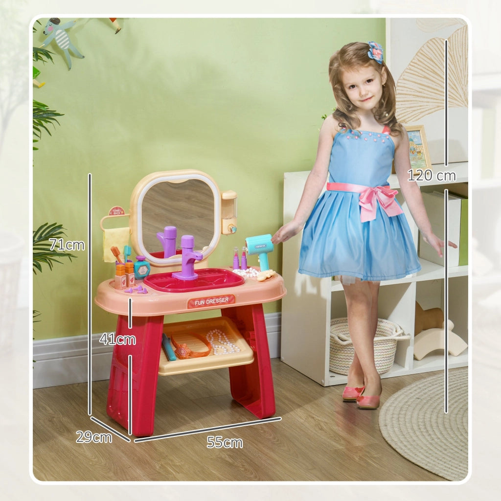 Specchiera Giocattolo per Bambini Tavolo Toeletta con Accessori e Rubinetto Rosa