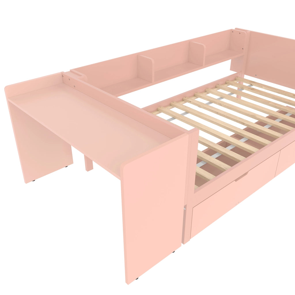 Letto Singolo con Scrivania e Cassetti ¨C MINIMAL ¨C Pino, Rosa, 90x200