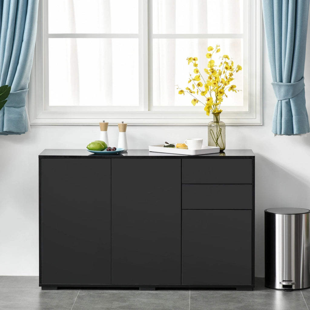 Mobiletto Multiuso Nero con 2 Cassetti e 2 Armadietti ad Apertura a Pressione, 117x36x74cm