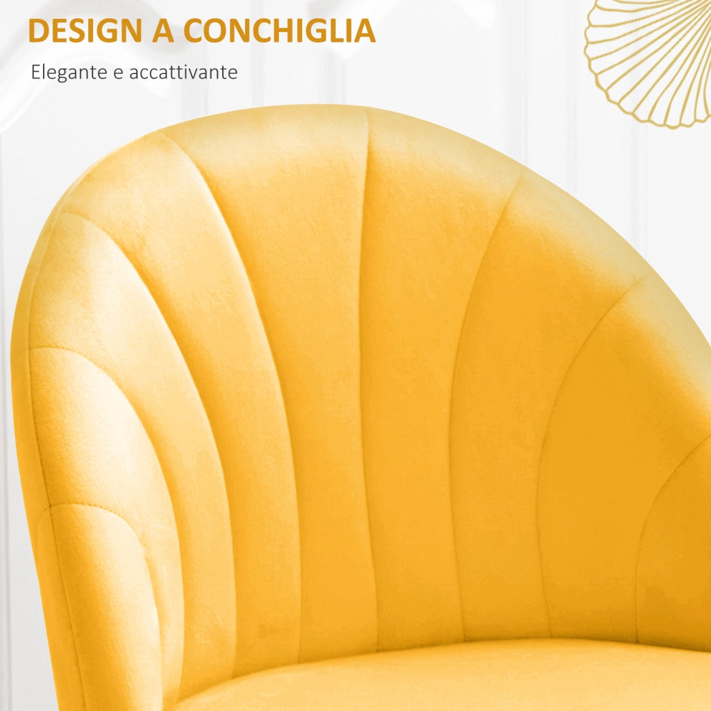 Sedia da Pranzo con Schienale a Conchiglia e Gambe in Metallo ¨C Minimal ¨C Velluto Giallo