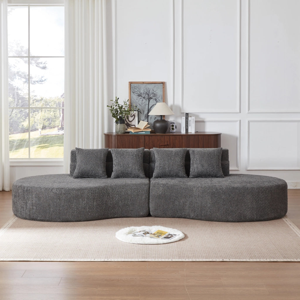 Divano modulare 2 pezzi con schienale a livelli e cuscini in chenille grigio