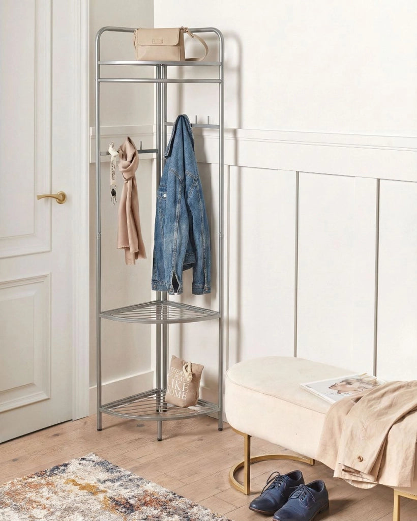 Appendiabiti in acciaio e metallo argento da 160 cm con ripiani e scaffali stile Glamour Industriale