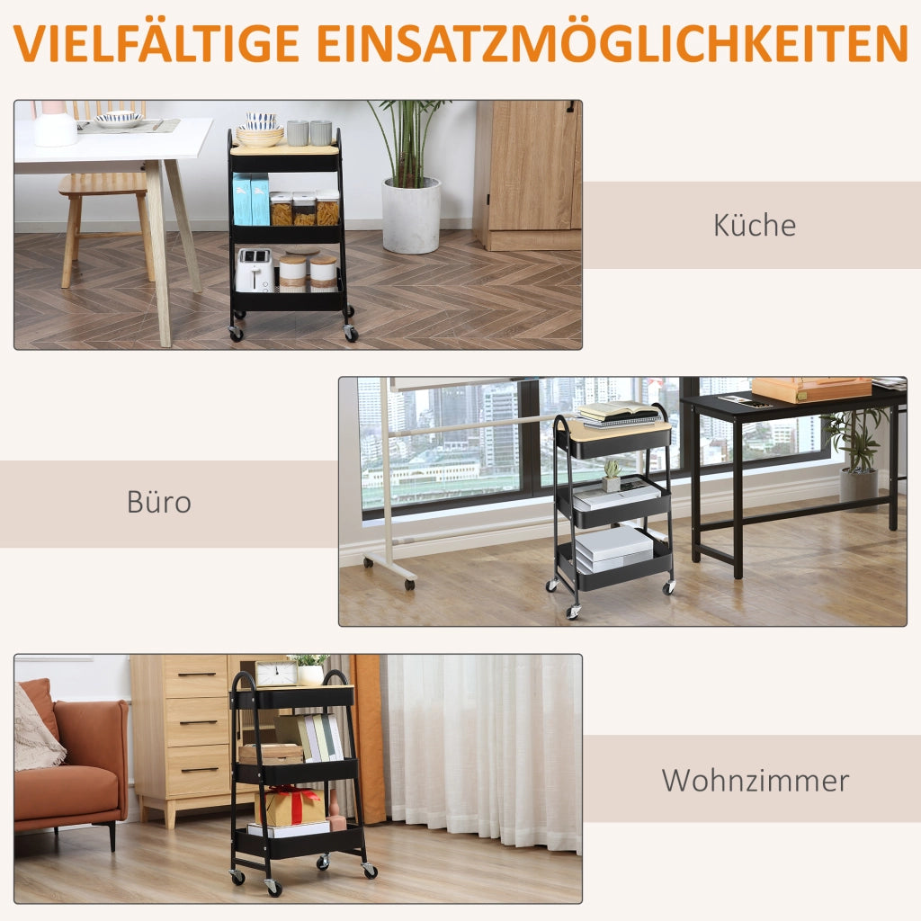 Carrello di servizio con 3 ripiani ¨C zephmum ¨C nero metallo plastica