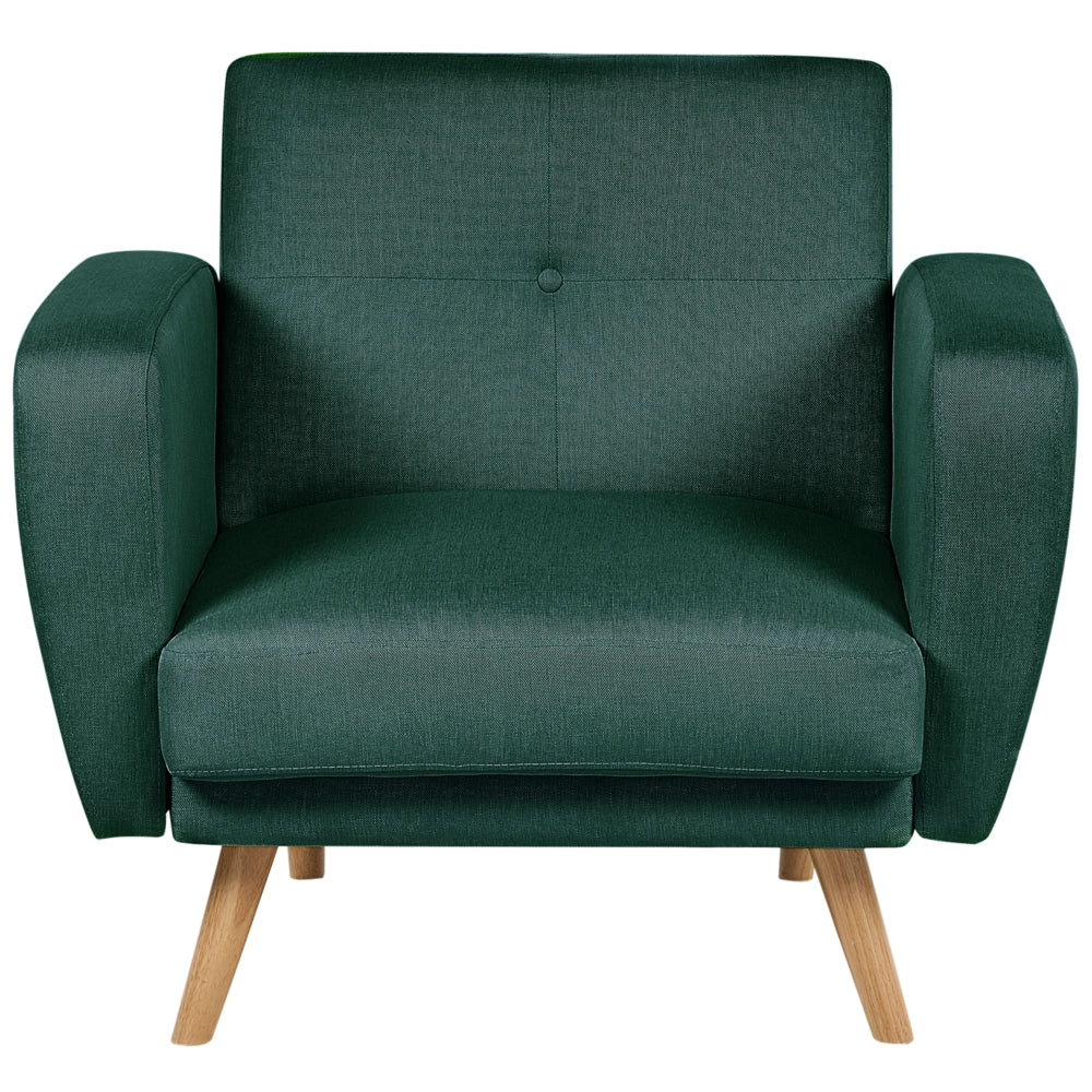 Poltrona imbottita in tessuto verde trasformabile schienale regolabile gambe in legno soggiorno moderno e minimalista