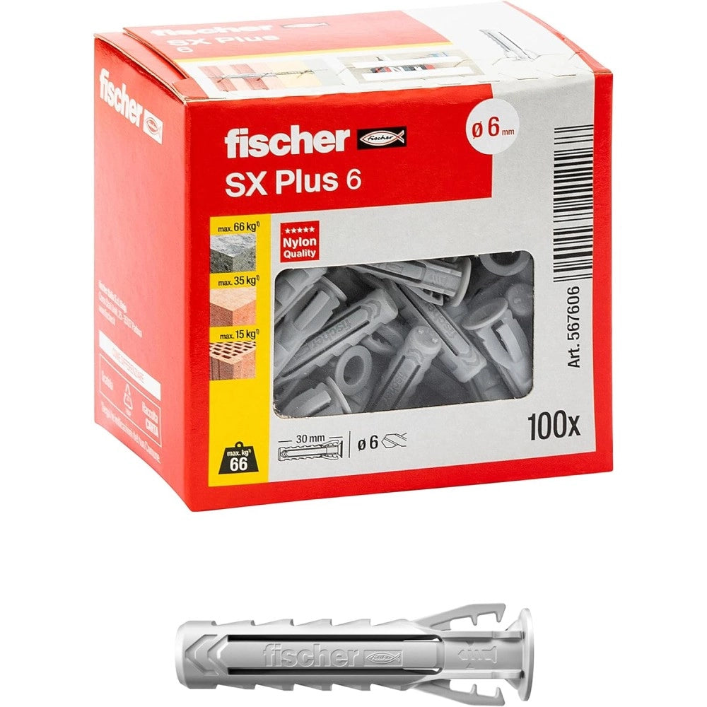 Fischer sx plus 6mm - 100pz tassello in nylon con espansione a 4 settori
