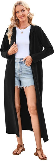 Badjas da Donna Leggero con Cappuccio e Capo di Lino, Cappotto Lungo e Comodo con Cappuccio, Nero, XL