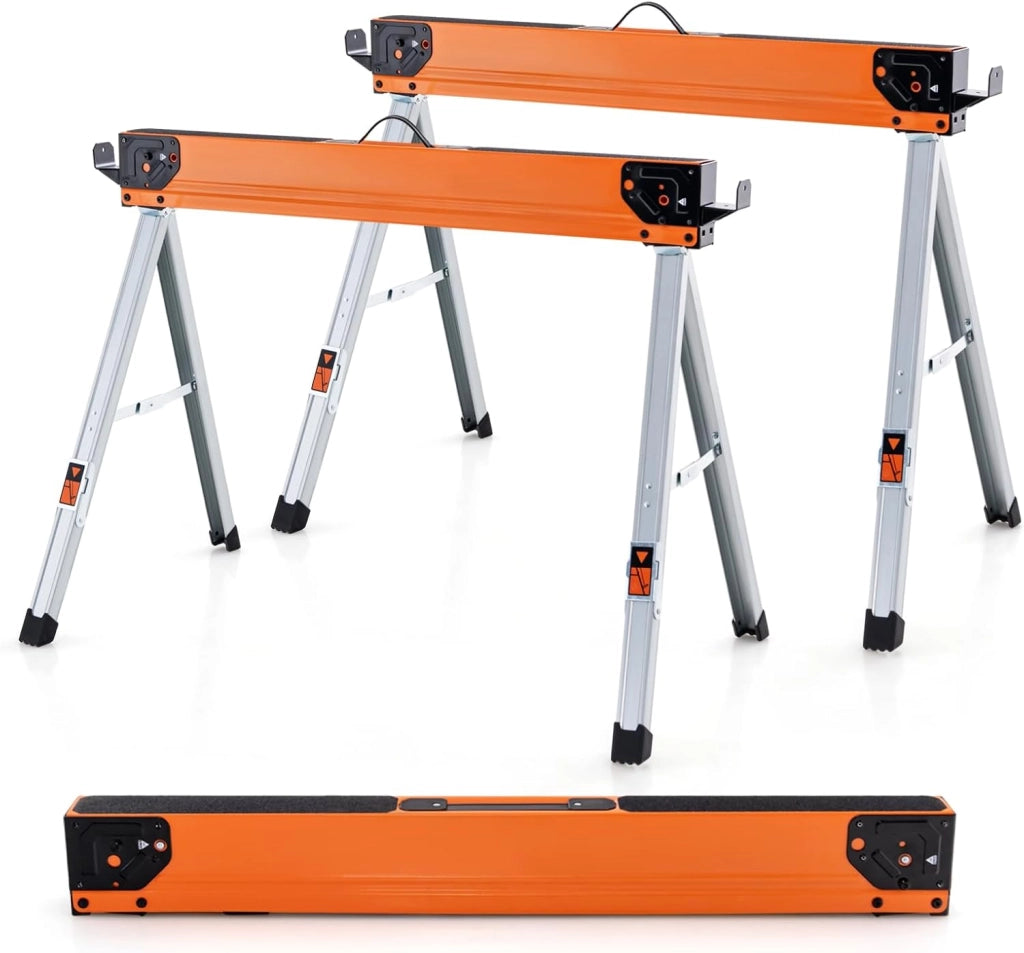 Set di 2 Cavalletti da Lavoro Pieghevoli, Carico Totale 1000 kg, Cavalletto con Supporti Pieghevoli e Maniglie, Supporto per Sega, Taglio Legna, Ponteggi (106 x 76 x 59 cm, Arancione)