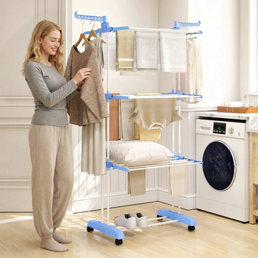 Appendiabiti Pieghevole a 3 Livelli con Ruote ¨C Minimal ¨C Blu e Bianco 73x64x172 cm