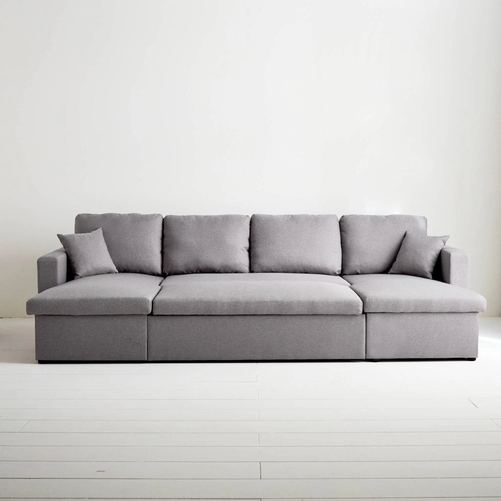 Divano letto panoramico in tessuto, 4 posti, grigio chiaro