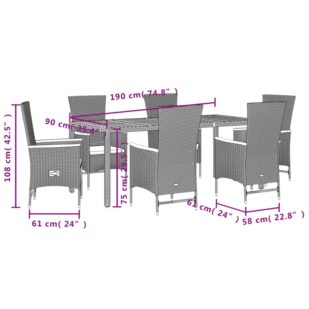 Set da Pranzo da Giardino 7 pz Nero con Cuscini in Polyrattan