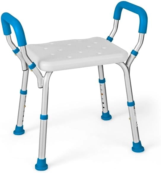 Sgabello Doccia Anziani 59 x 43 x 67cm, Sedia per Doccia Regolabile in 6 Altezze con Braccioli Imbottiti Staccabili e Piedini in Gomma Antiscivolo, Capacità di Peso 100 kg (Blu)