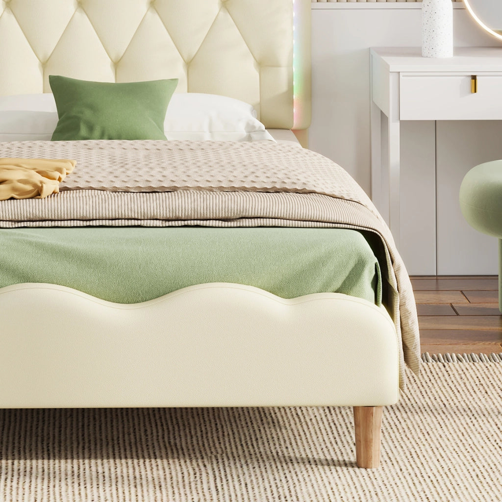 LETTO Polsterato 90x200 cm PU Beige con testiera ondulata e LED