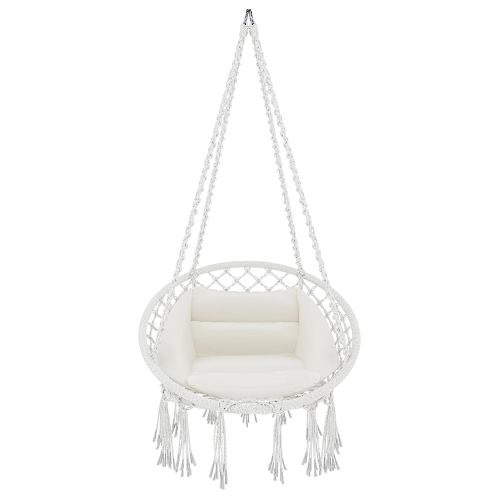Poltrona Sospesa Pensile Da Giardino Con Corda In Cotone Effetto Macramè E Struttura In Acciaio Cuscino Sedia Dondolo Amaca Con Seduta Imbottita Esterno Terrazzo Design Moderno Fino A 160 Kg Beige