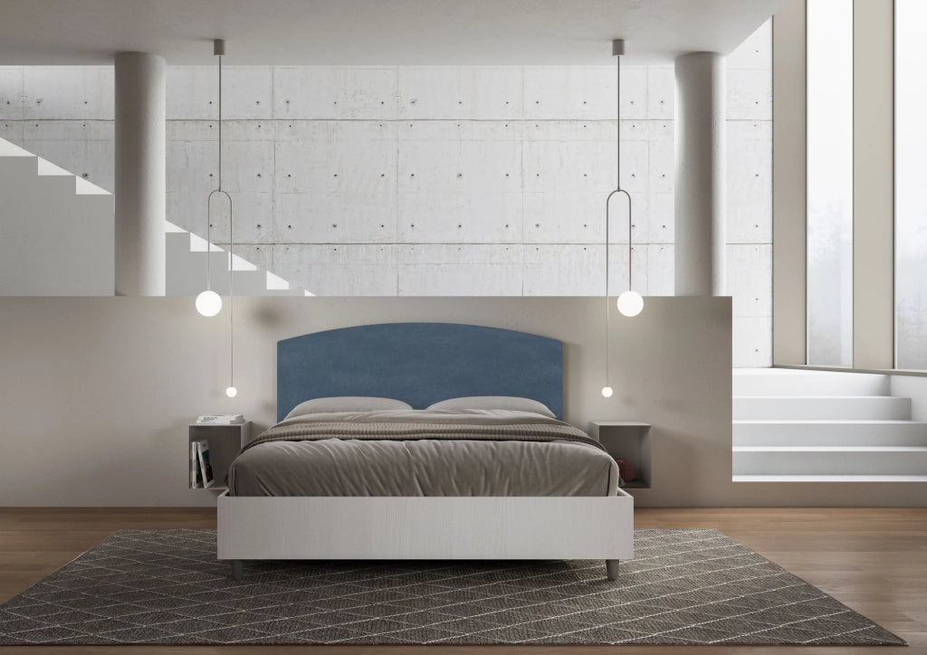 BS COM Letto matrimoniale con rete 160x200 bianco frassino testata microfibra blu