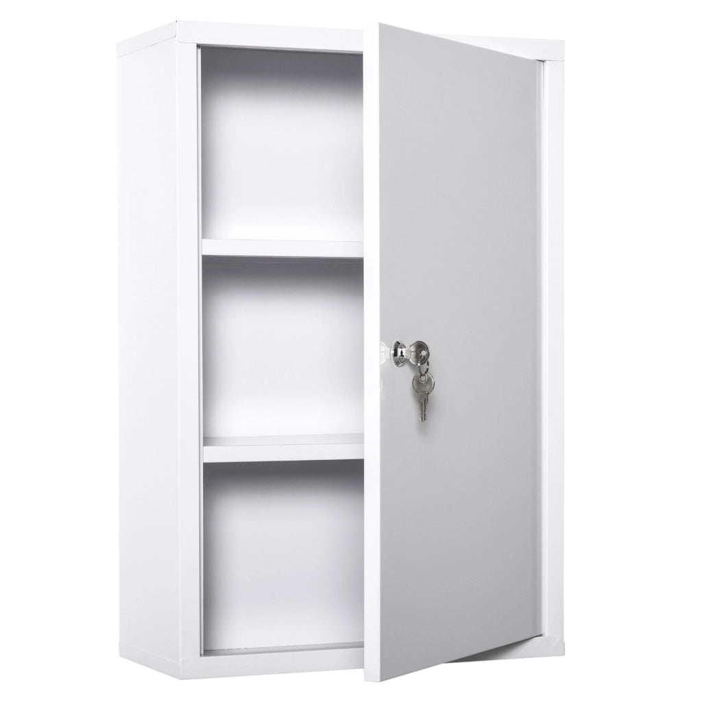 Mobile bagno pensile per medicinali con anta e 2 ripiani; chiudibile a chiave; in acciaio bianco; 40×18×60 cm