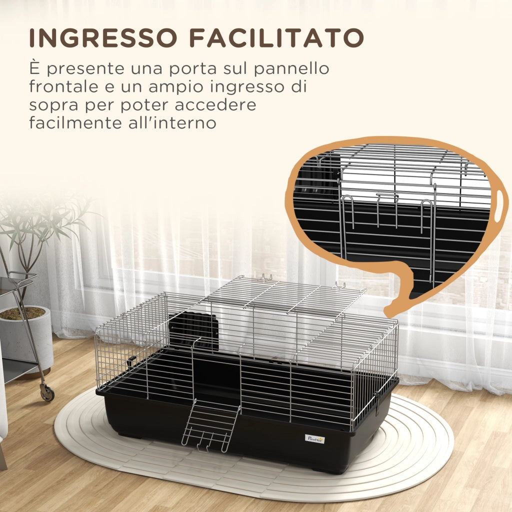 Gabbia per Conigli 2 Porte ¨C zephmum ¨C Nero Argento Metallo Plastica 100x55x41 cm