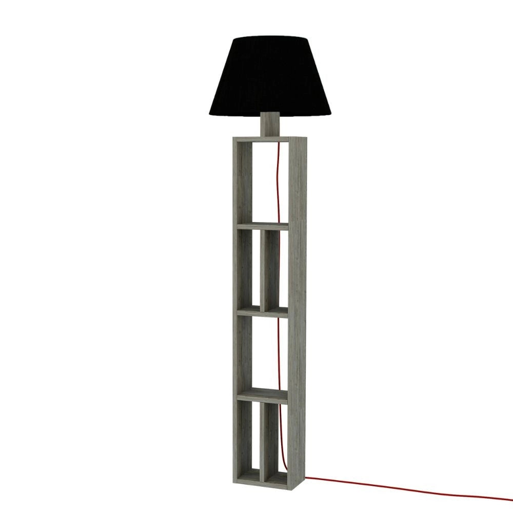(2c) Lampada da terra in legno con libreria e paralume nero 45x45x163,5 cm