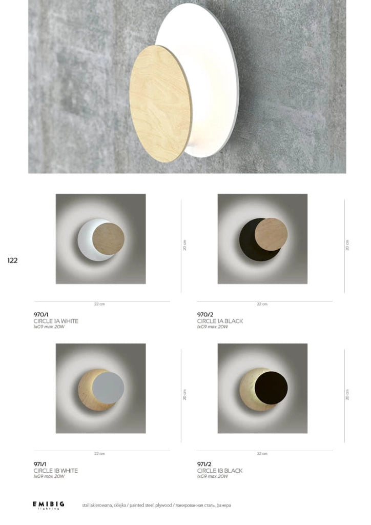 Applique Emibig Circle 1 luce bianco/legno chiaro G9