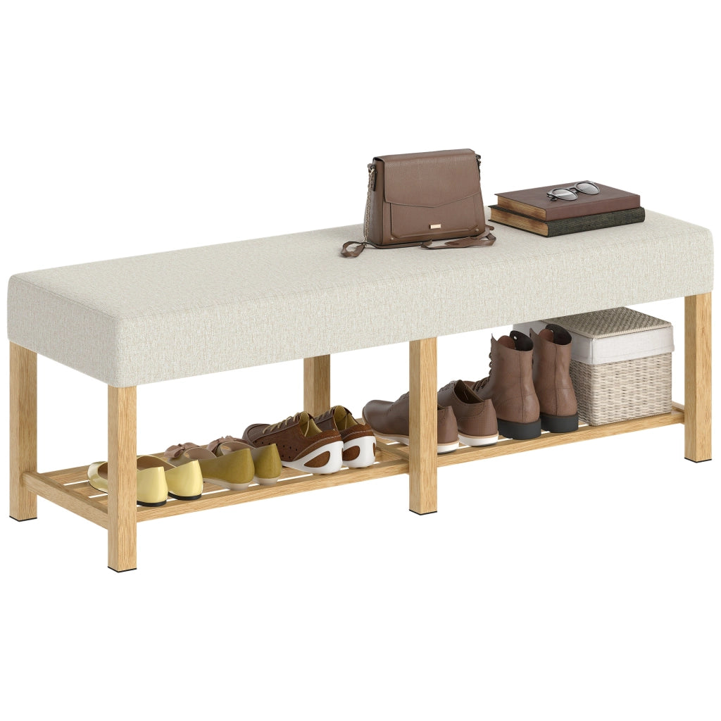 Panca Ingresso Legno Massello con Seduta Imbottita ¨C zephmum ¨C Naturale e Bianco Crema 140 cm