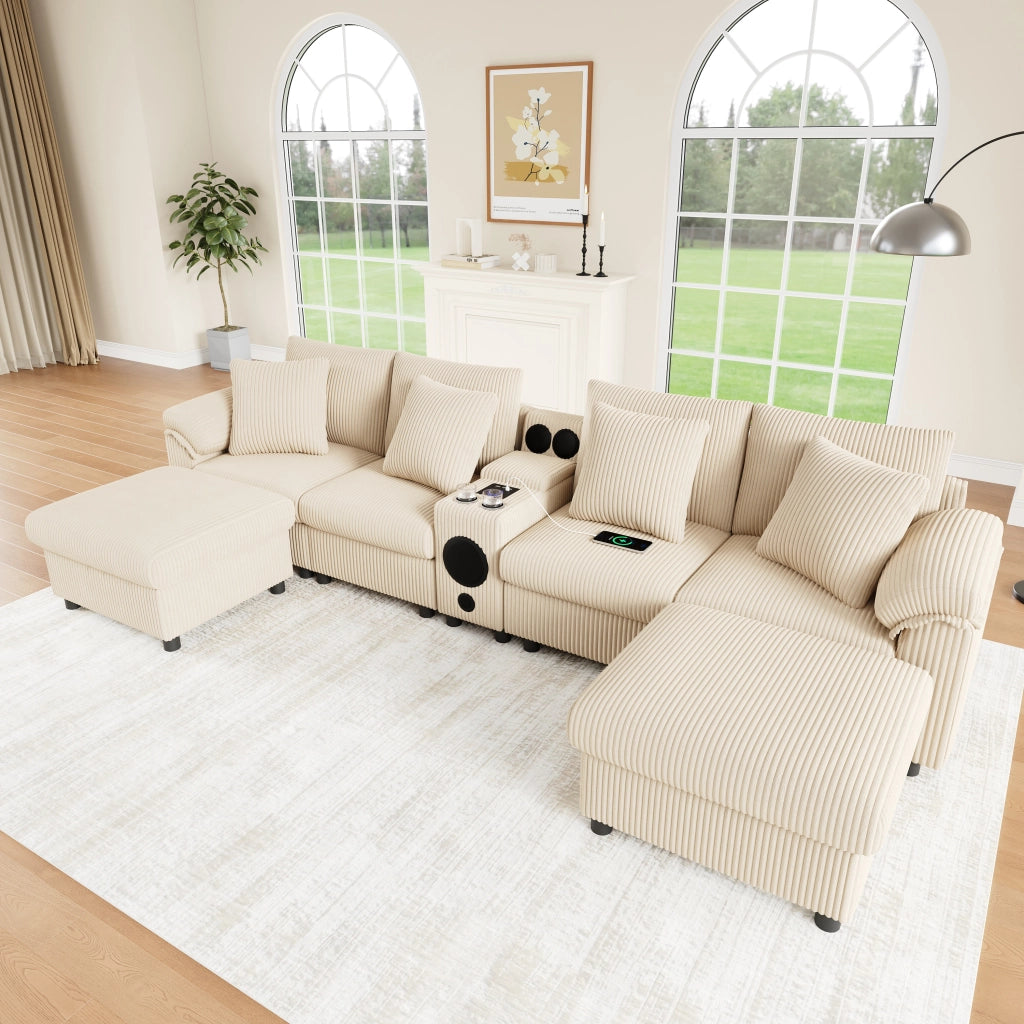 Divano modulare a U e a L - con console Bluetooth e porta bicchieri - in cord beige