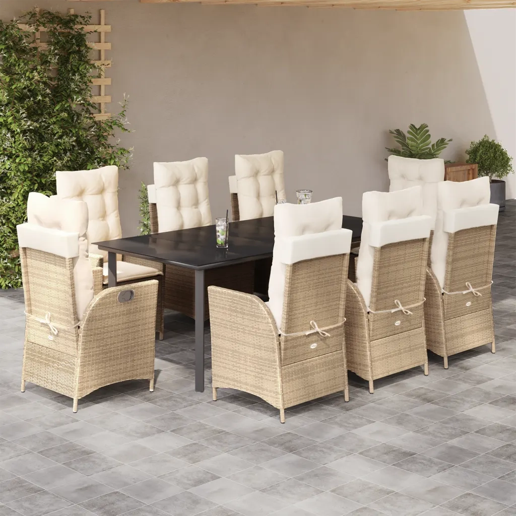 Set da Pranzo da Giardino 9 pz con Cuscini Beige in Polyrattan 3213252