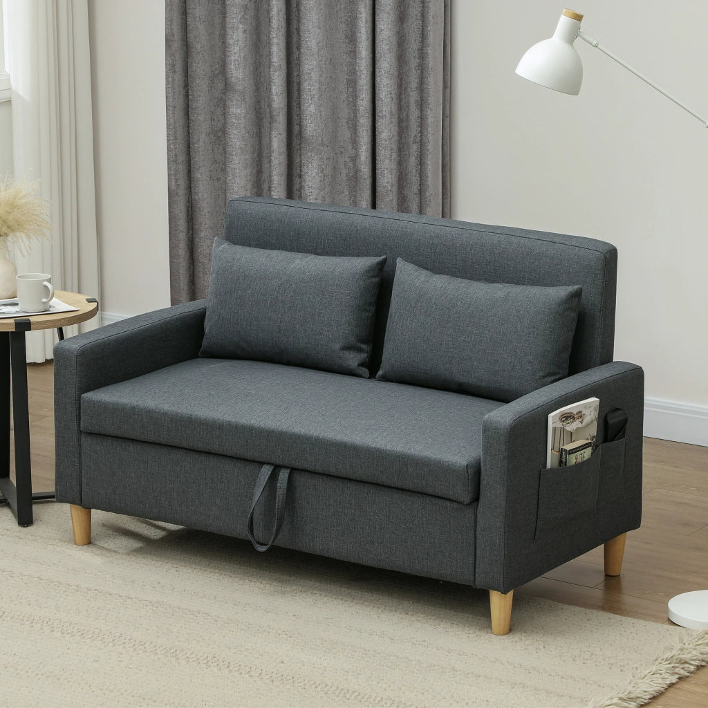Divano 2 Posti con Cuscini e Contenitore in Tessuto e Legno ¨C Minimal ¨C Grigio Carbone 135x72x84