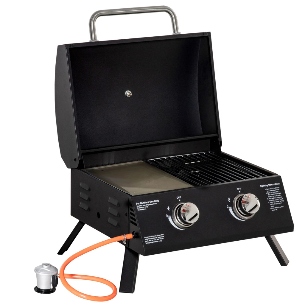 Barbecue a Gas Pieghevole da Tavolo con 2 Bruciatori ¨C Xylo ¨C Acciaio al Carbonio Nero 55x46,5x41 cm