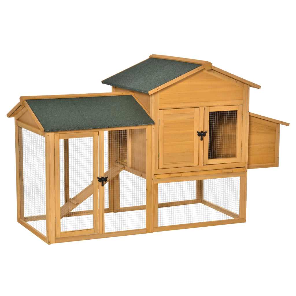Polleria per galline nane con recinto esterno e nido da cova ¨C Zephmum ¨C Legno di abete trattato, tetto in catrame, giallo+verde