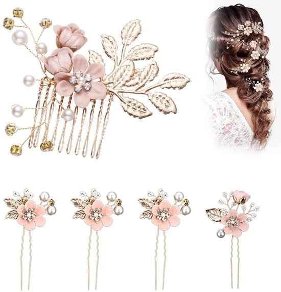 Accessori per la sposa - Set di spille per capelli eleganti - 5 pezzi con fiori e decorazione a perle