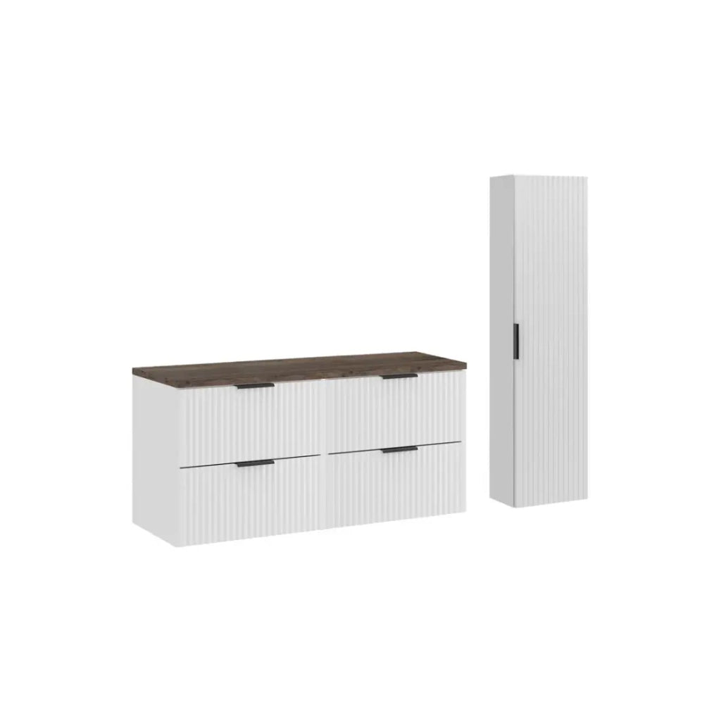 Bagno NOXERA 120 cm – Mobile sottolavabo sospeso bianco alpino con piano per lavabo effetto legno di abete, colonna