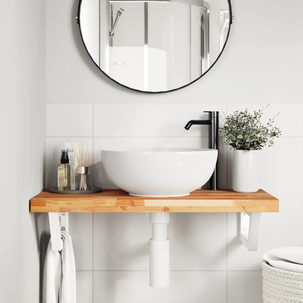 Ripiano a Parete per Lavabo in Acciaio e Massello di Acacia 3302746