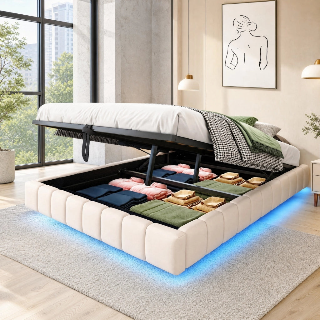 Letto matrimoniale imbottito flottante 140x200 cm con contenitore; LED; beige