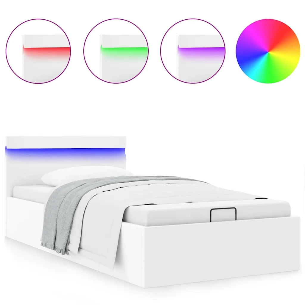 Letto singolo | Letto per adulti | Giroletto Contenitore Idraulico LED Bianco Similpelle 90x200 cm