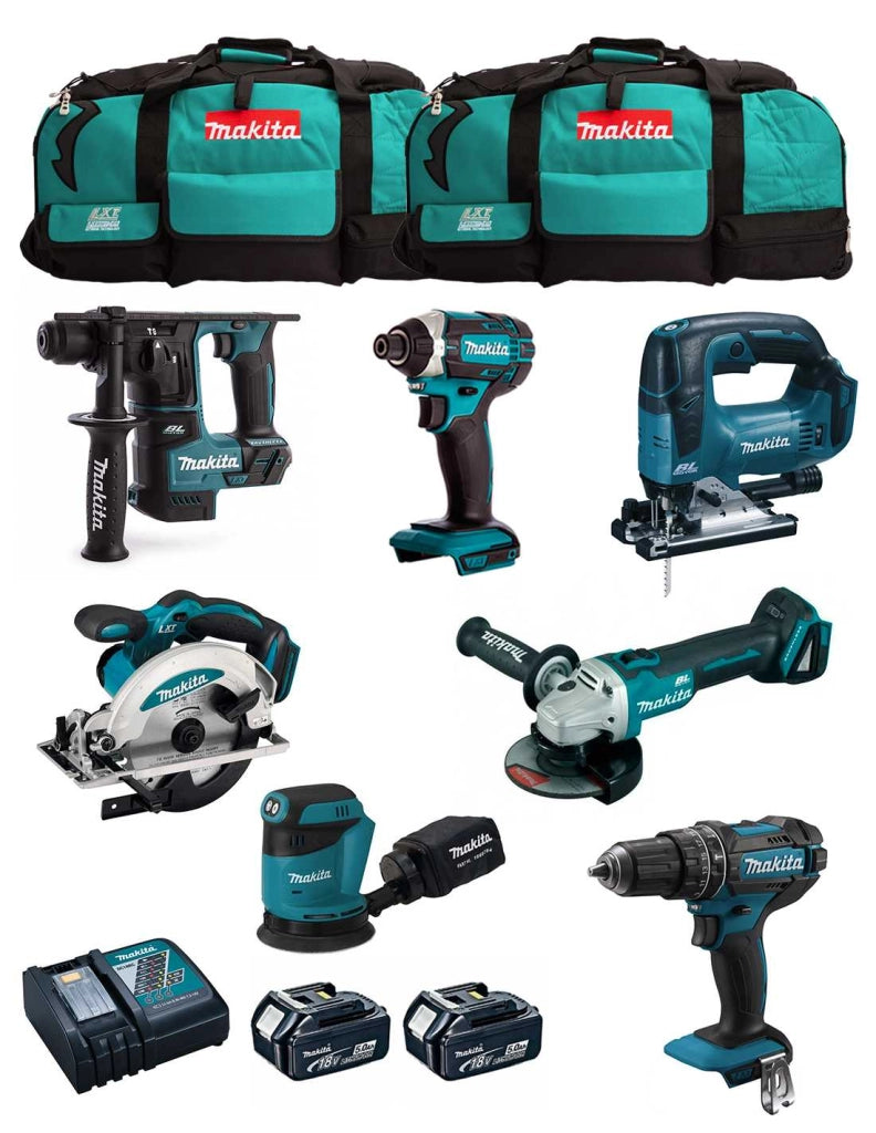 MAKITA Kit MK702 (DDF482 + DHR171 + DGA504 + DTD152 + DJV182 + DSS610 + DBO180 + 2 x 5,0 Ah + DC18RC + 2 x LXT600)