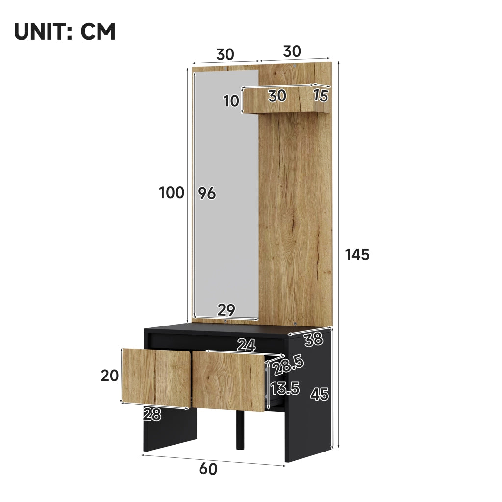 MOBILE INGRESSO 3 in 1 60x38x145 cm con specchio, appendiabiti e 2 cassetti