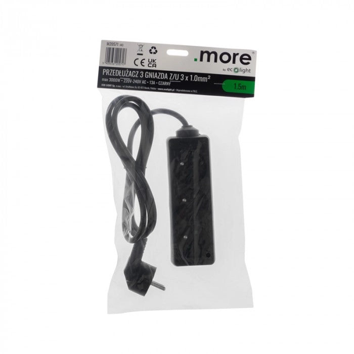 Prolunga elettrica 3 prese 1,5 m con terra nera Ecolight