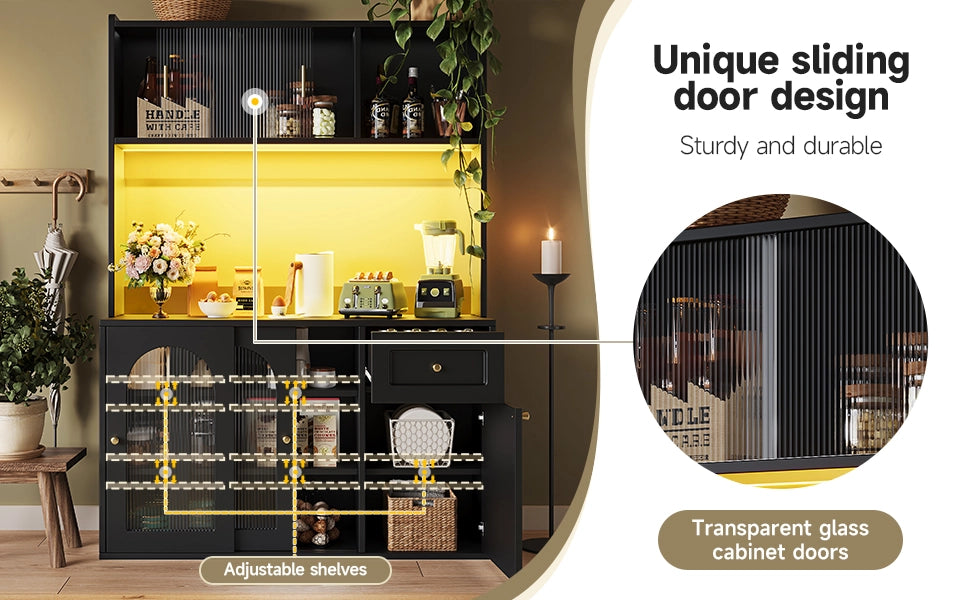 Credenza con LED ¨C MINIMAL ¨C Nero, Ante a Vetro, Ripiani Regolabili